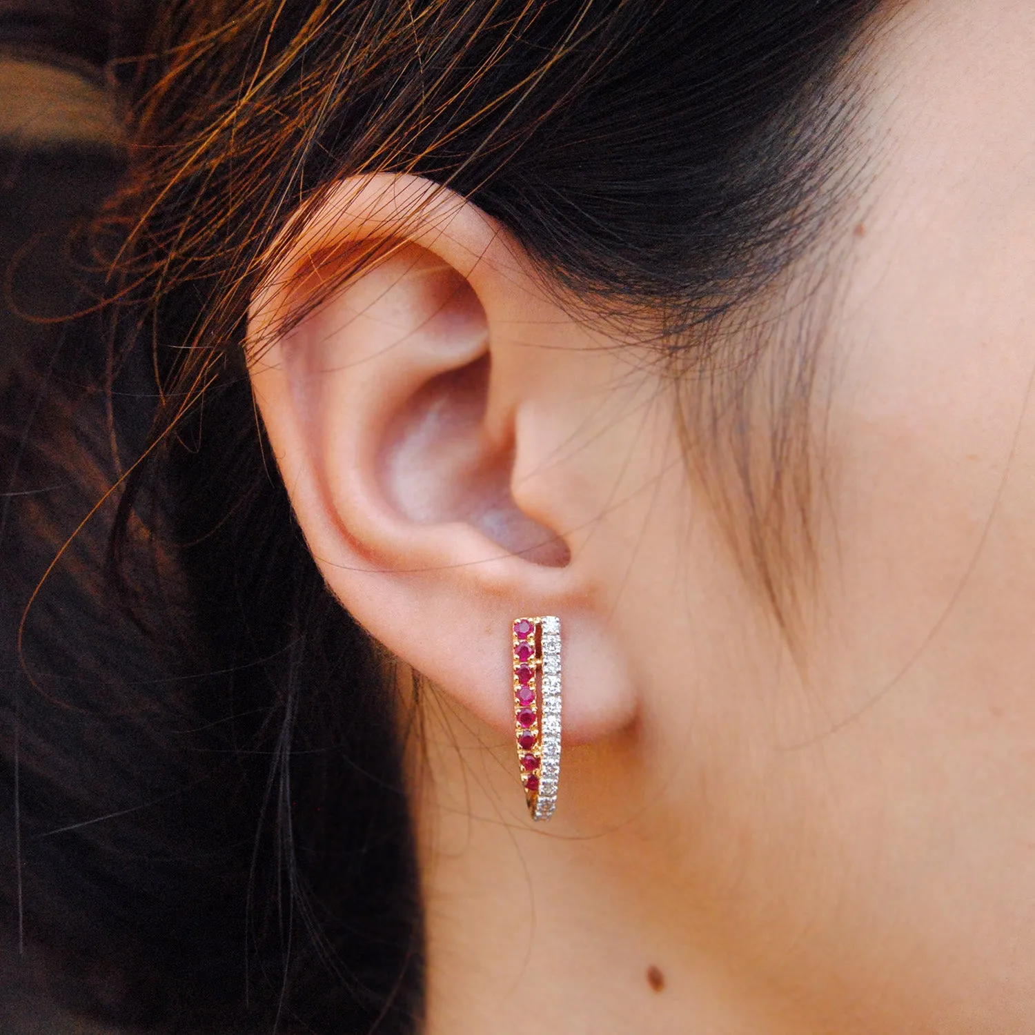 Natural Ruby & Diamond Tapering Huggie Earrings