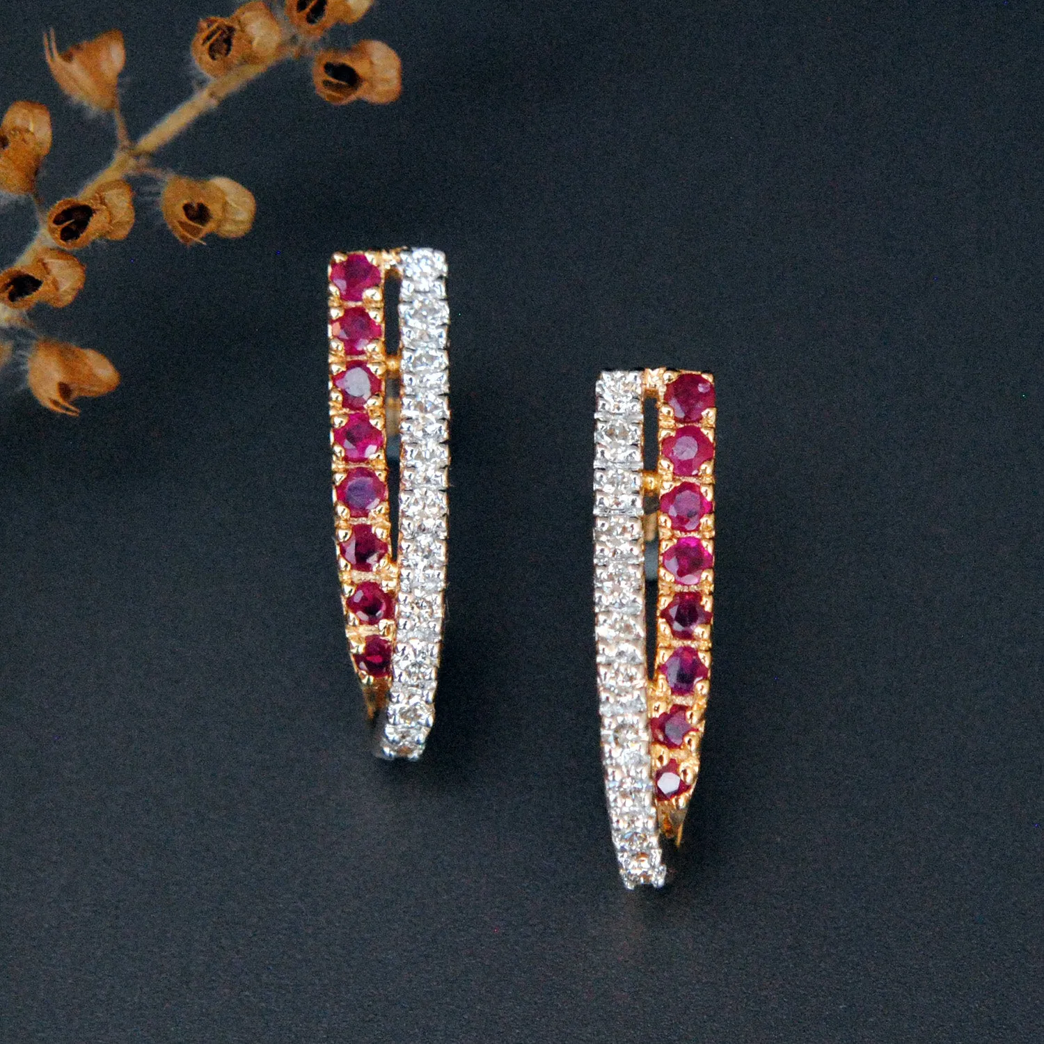 Natural Ruby & Diamond Tapering Huggie Earrings