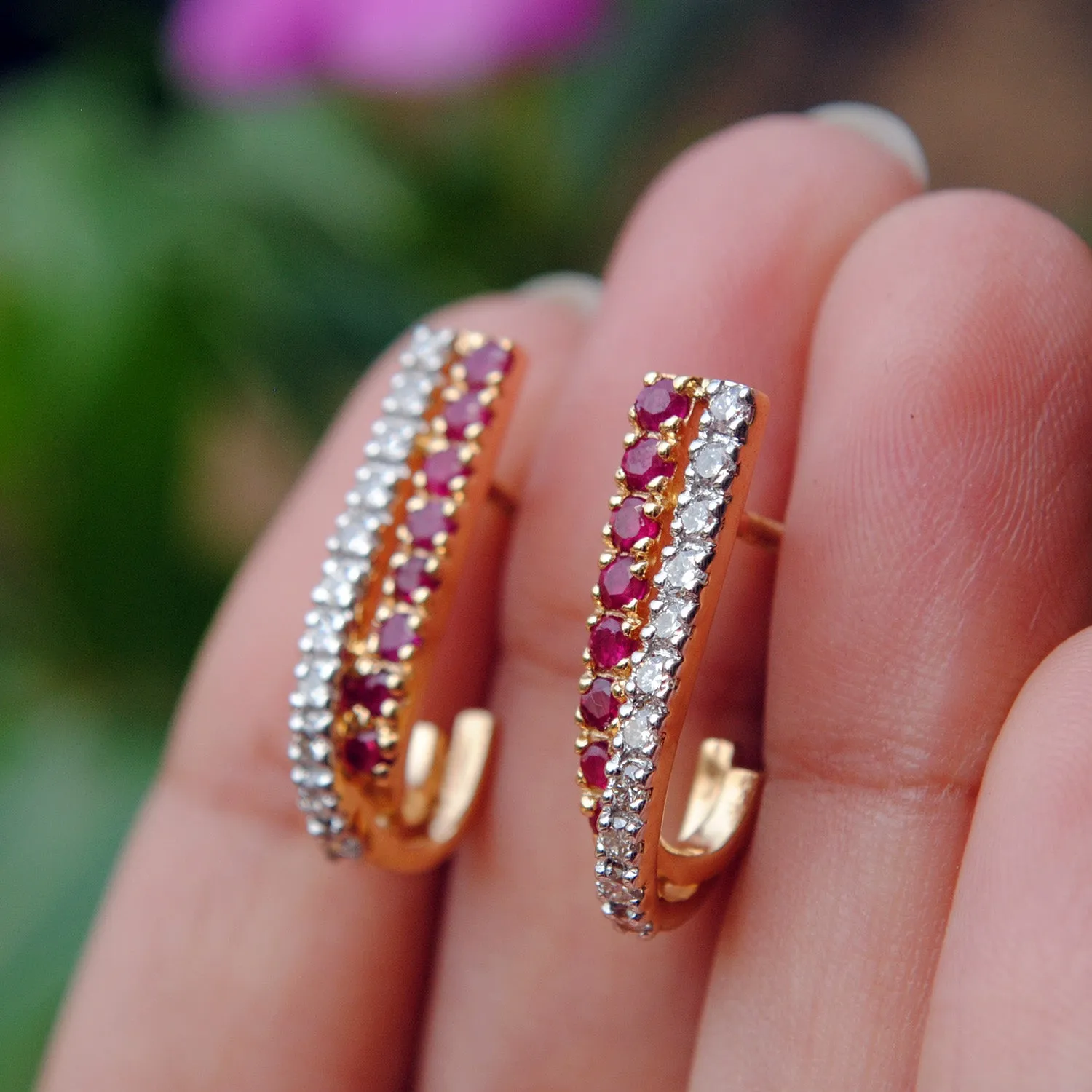 Natural Ruby & Diamond Tapering Huggie Earrings