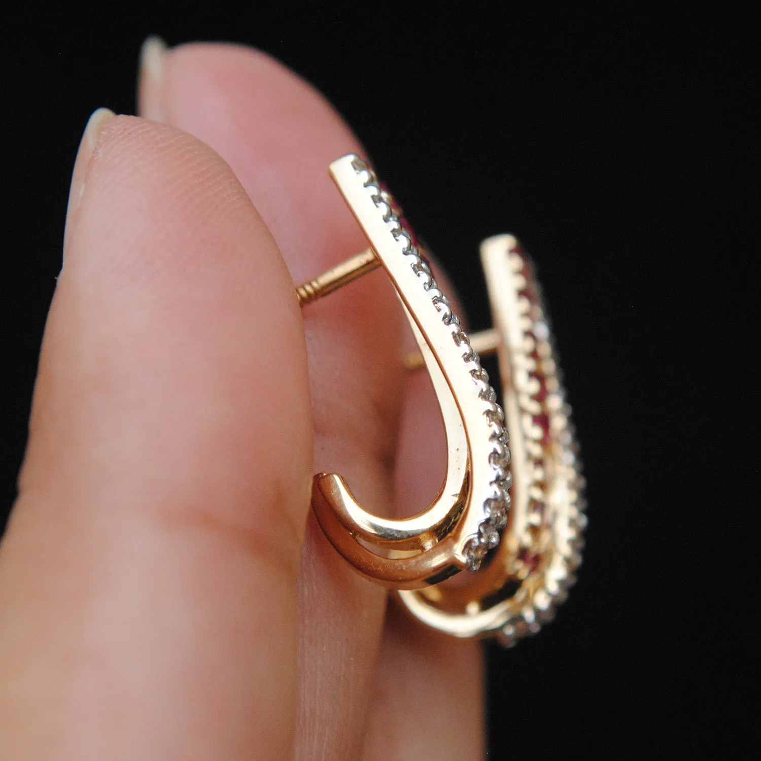 Natural Ruby & Diamond Tapering Huggie Earrings