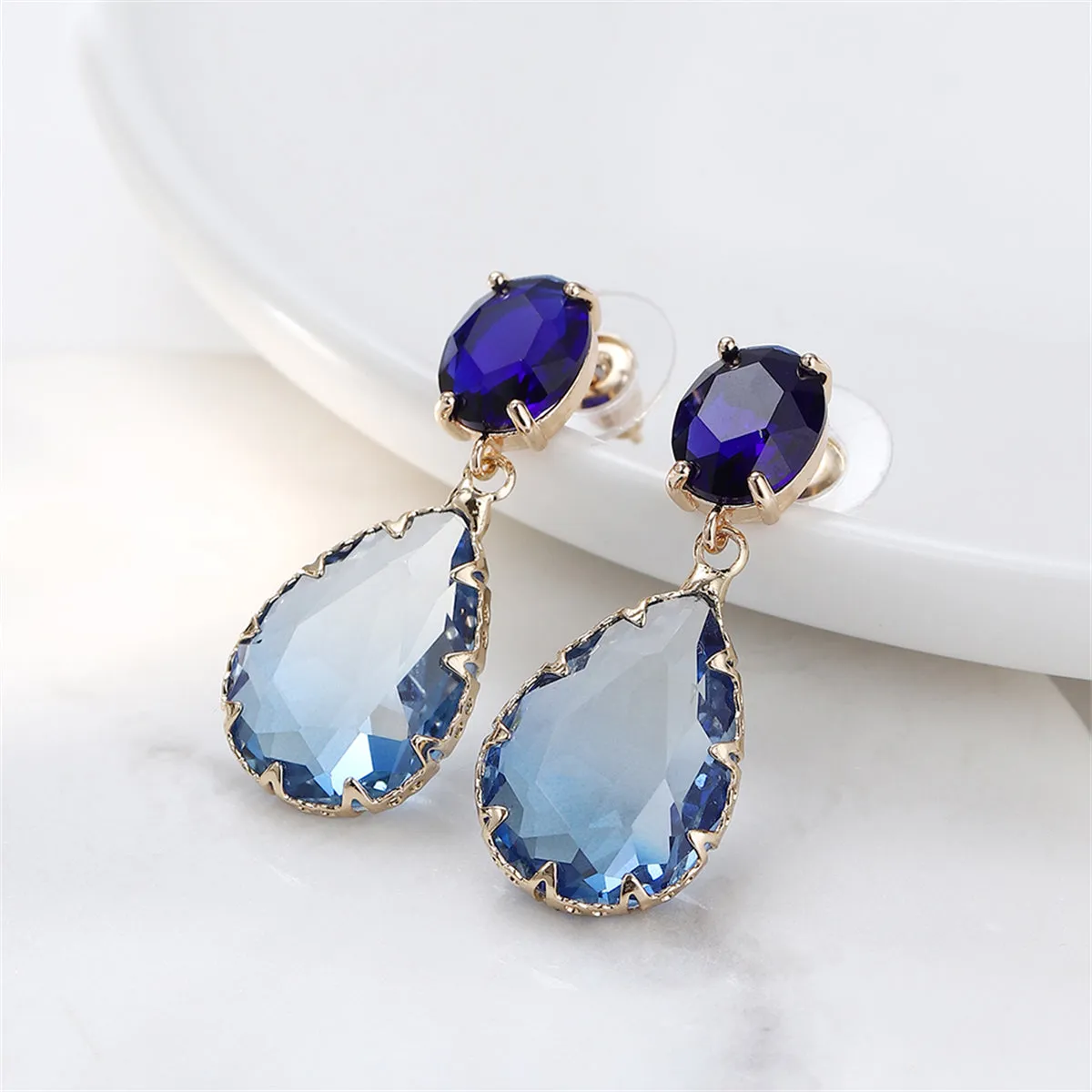 Navy & Blue Crystal Tiered Pear-Cut Drop Earrings