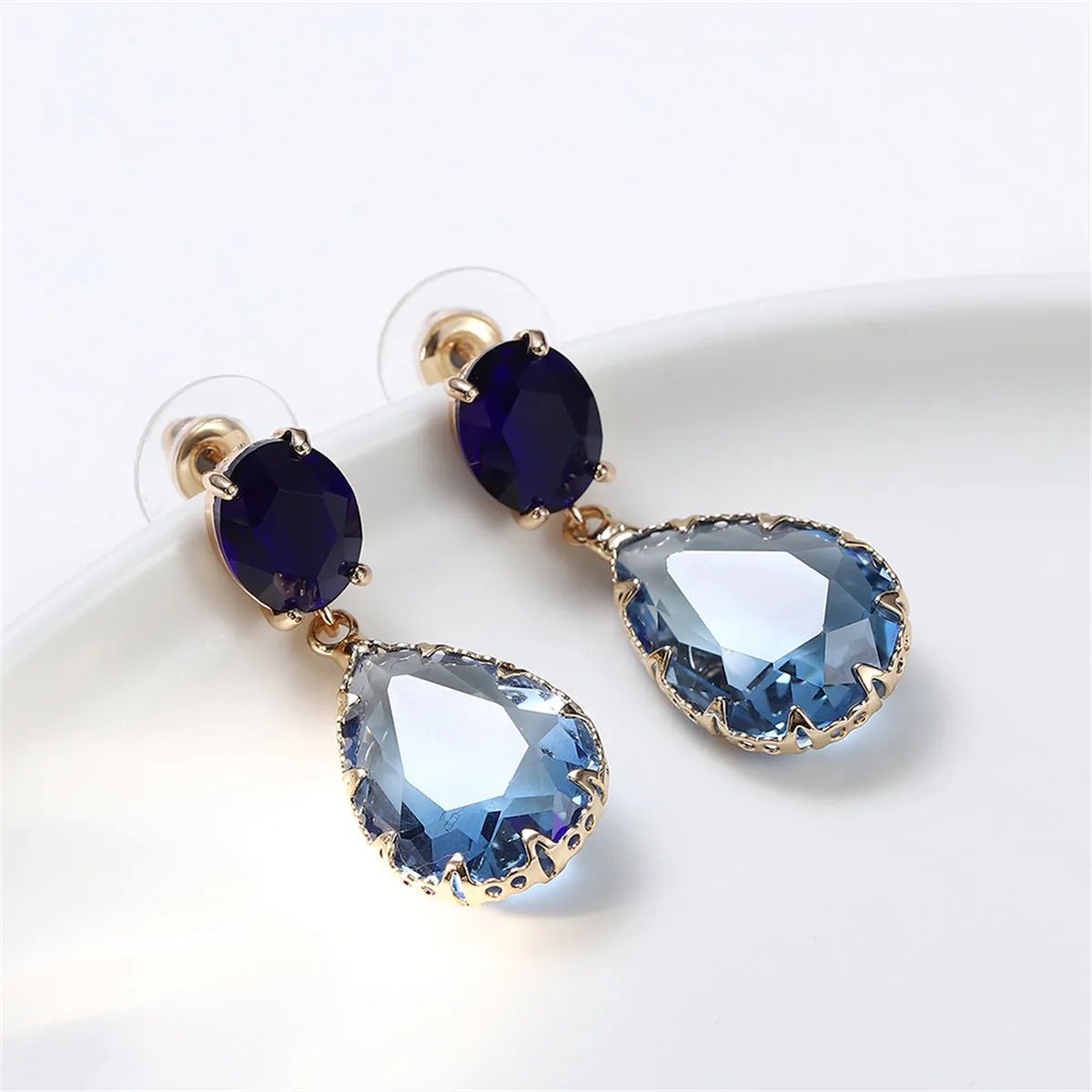 Navy & Blue Crystal Tiered Pear-Cut Drop Earrings
