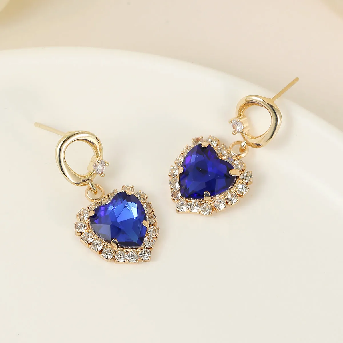 Navy Crystal & Cubic Zirconia 18K Gold-Plated Halo Heart Huggie Drop Earrings