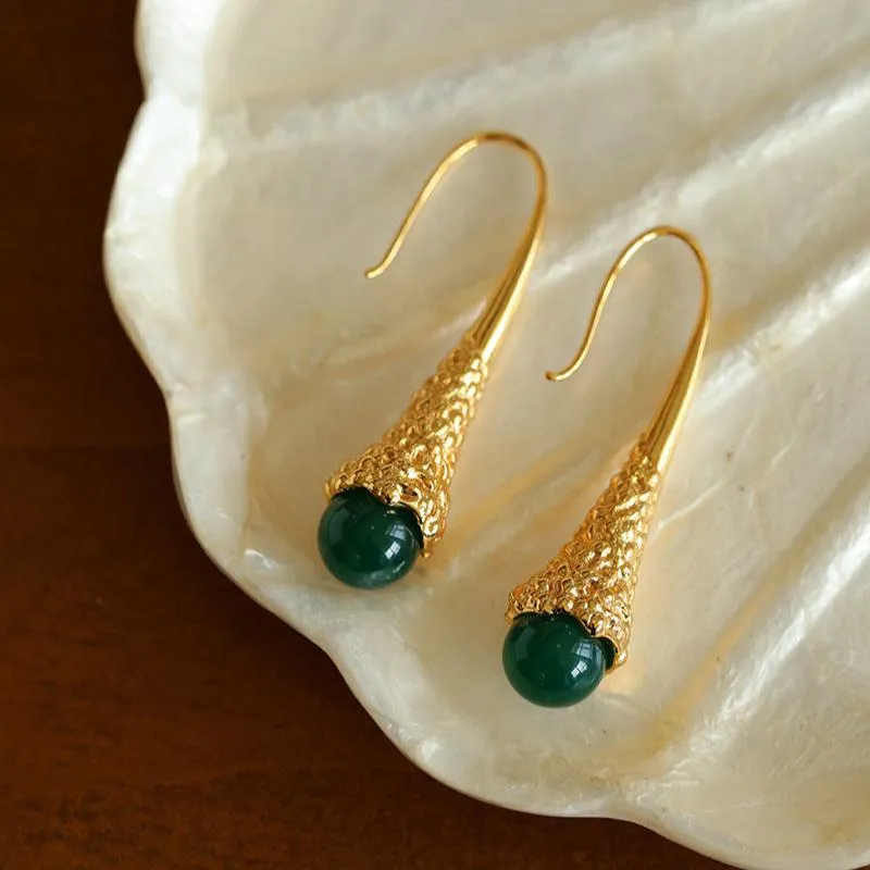 Niche Drop-shaped Agate Texture Ear Hook Earrings-Green Agate