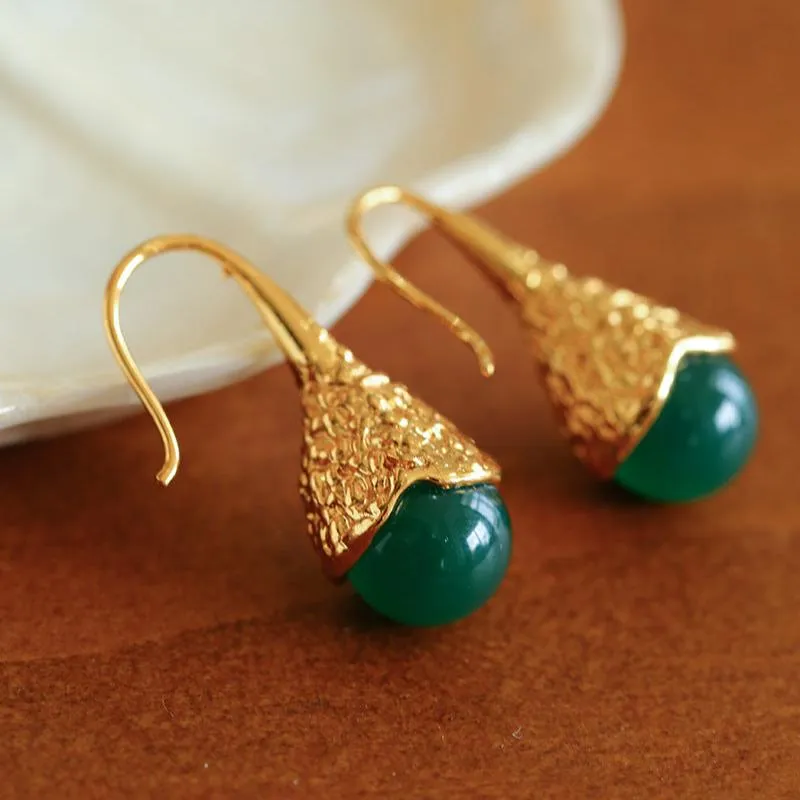 Niche Drop-shaped Agate Texture Ear Hook Earrings-Green Agate