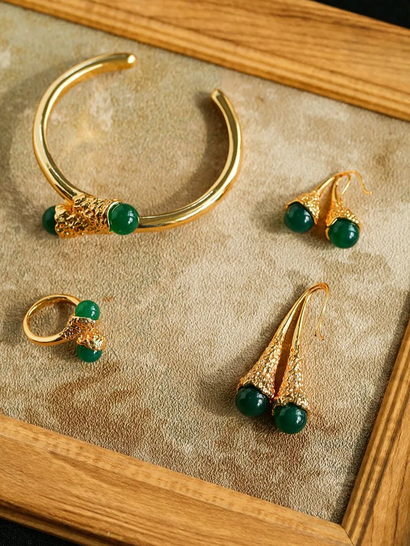 Niche Drop-shaped Agate Texture Ear Hook Earrings-Green Agate