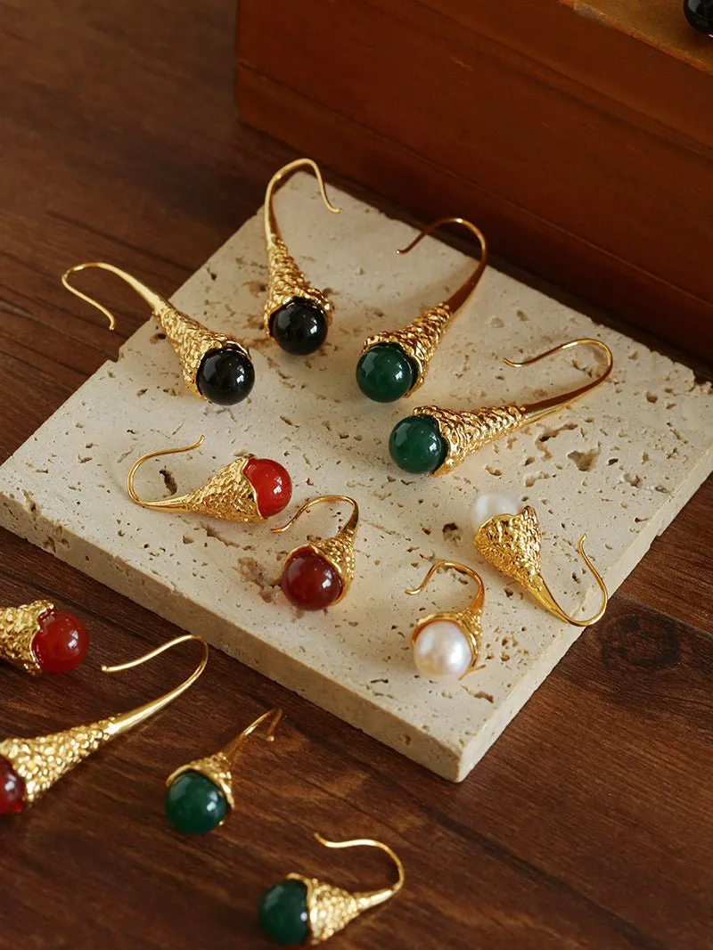 Niche Drop-shaped Agate Texture Ear Hook Earrings-Green Agate