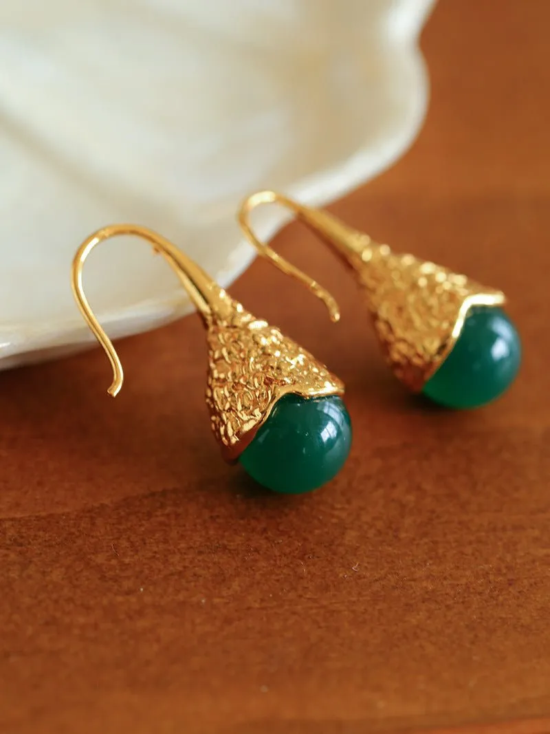 Niche Drop-shaped Agate Texture Ear Hook Earrings-Green Agate