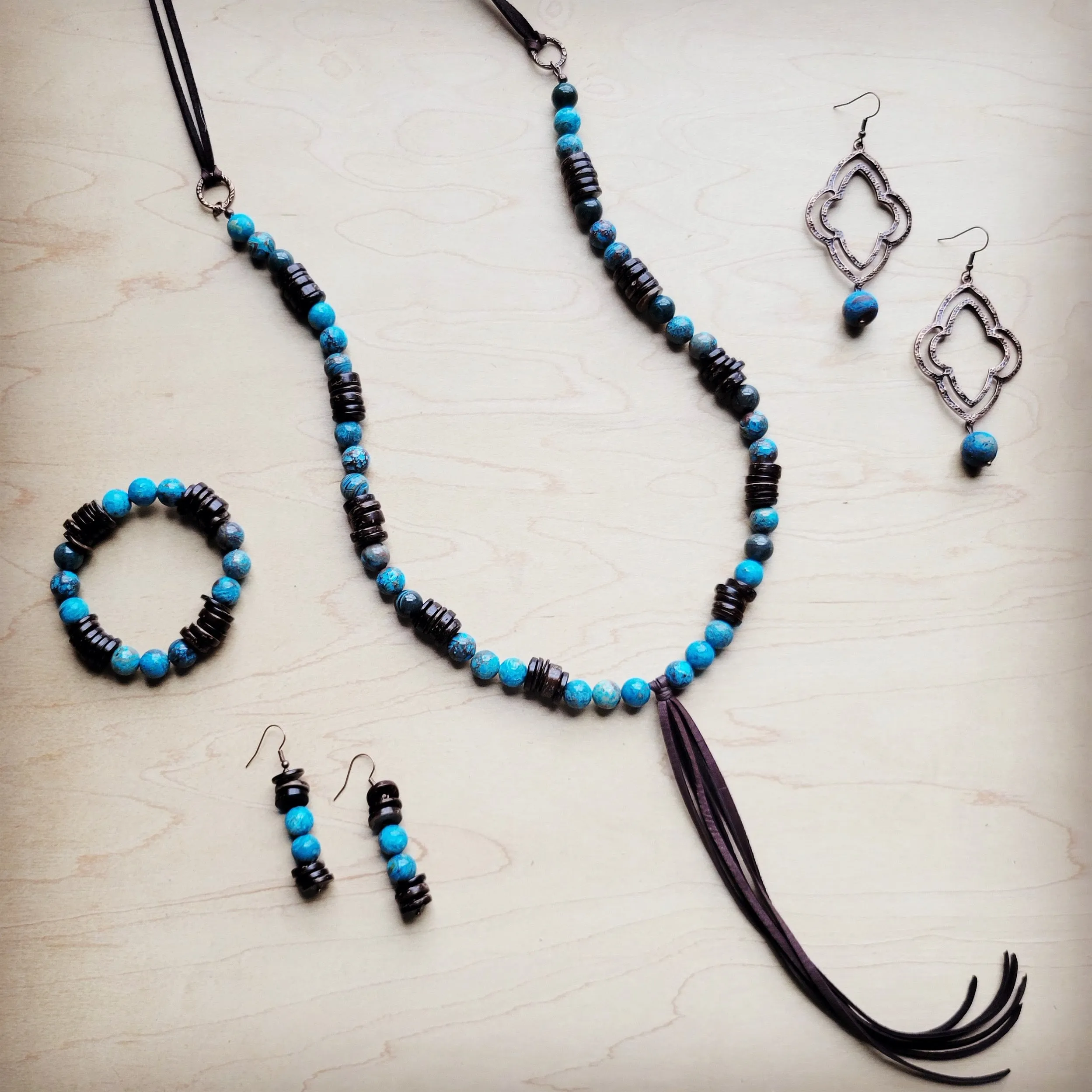 Ocean Agate and Wood Drop Earrings 225c