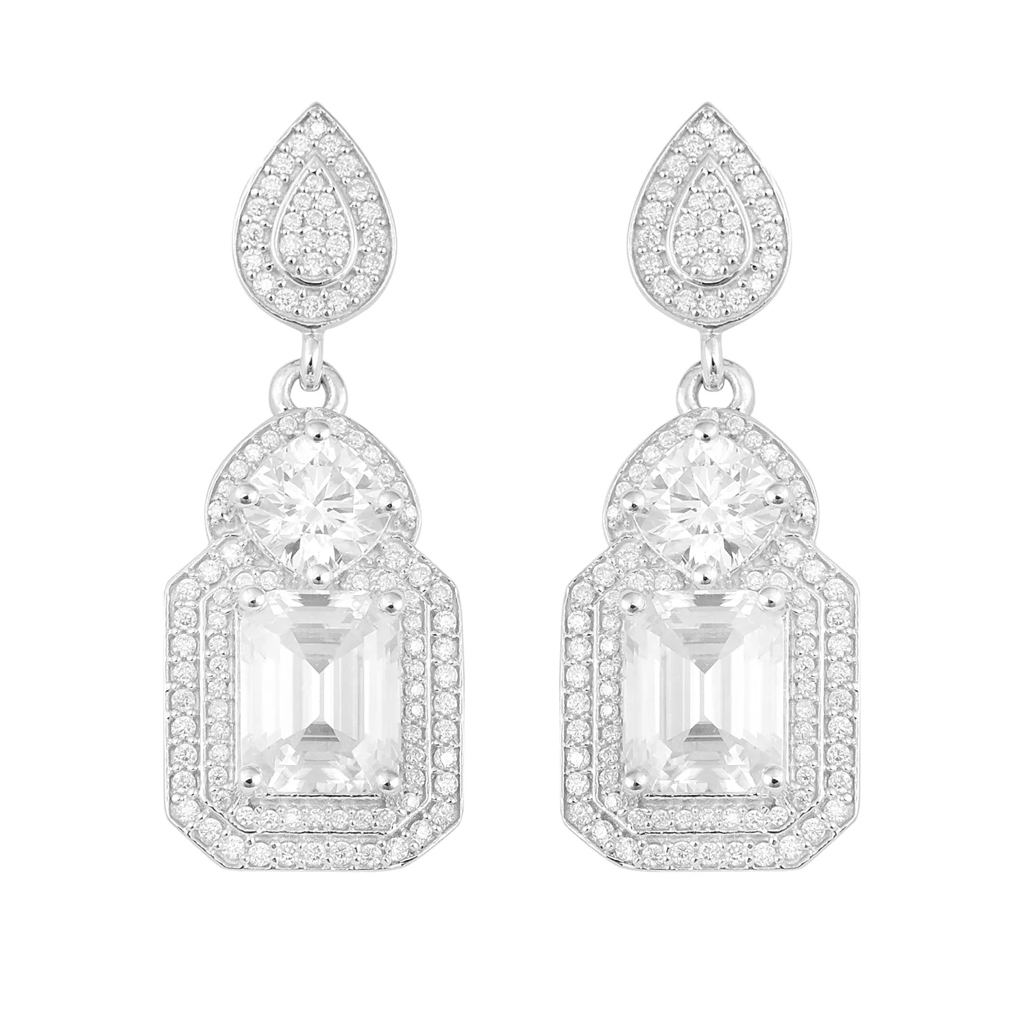 Octagon Shape Moissanite 925 Sterling Silver Double Halo Cluster Dangle Earrings