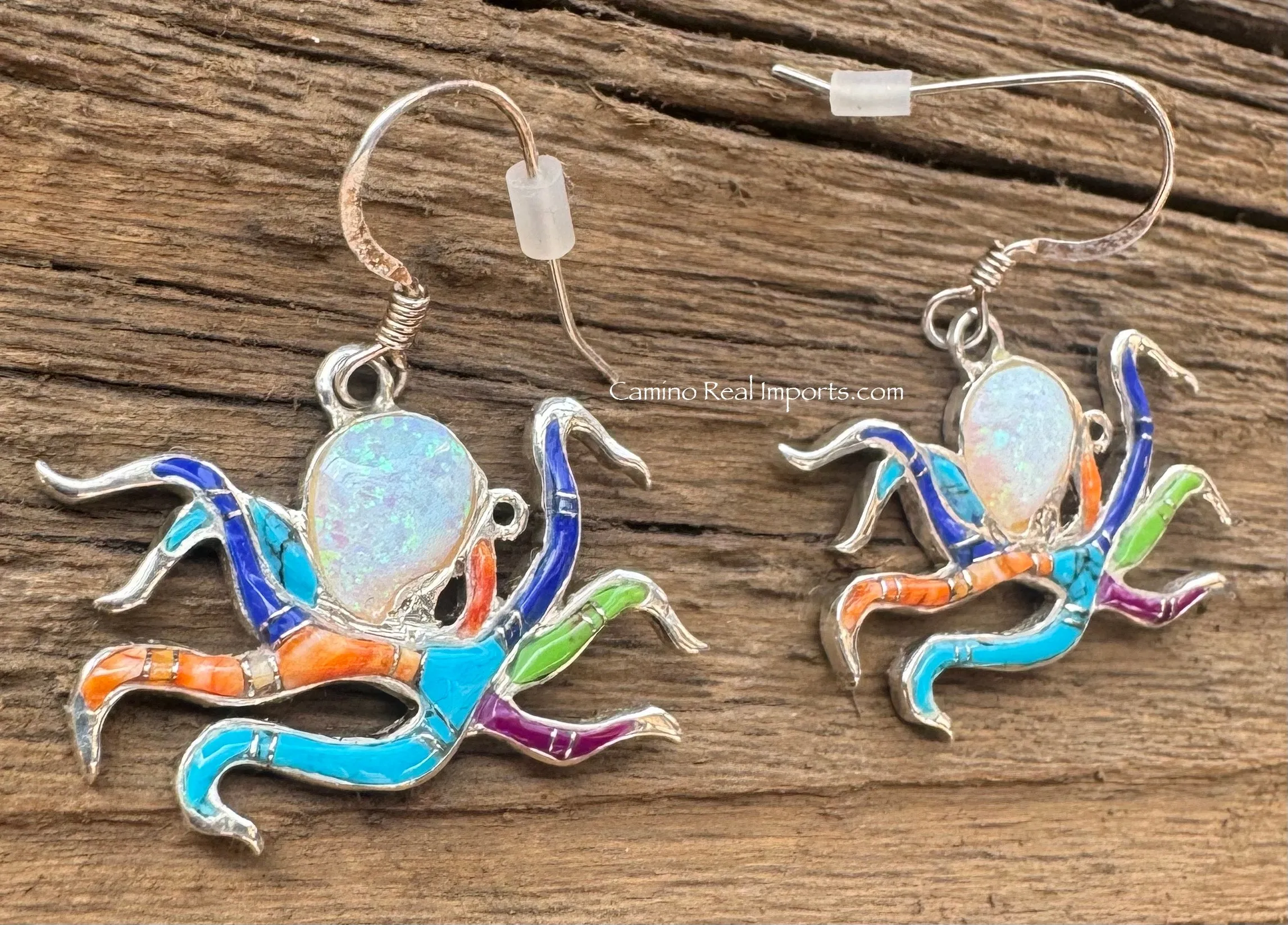 Octopus Earrings Sterling Multi Stone Inlay TSC025
