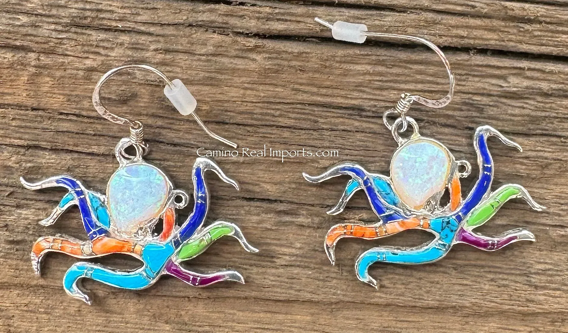 Octopus Earrings Sterling Multi Stone Inlay TSC025
