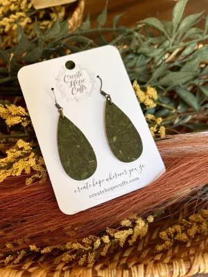 Olive Green | Thin Teardrop Leather Earrings | Hypoallergenic | Women