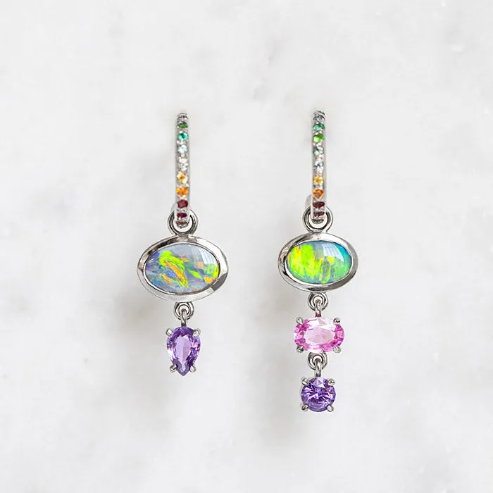 One-off Black Opal And Sapphire Charm Earrings In 18ct White Gold (In Stock)