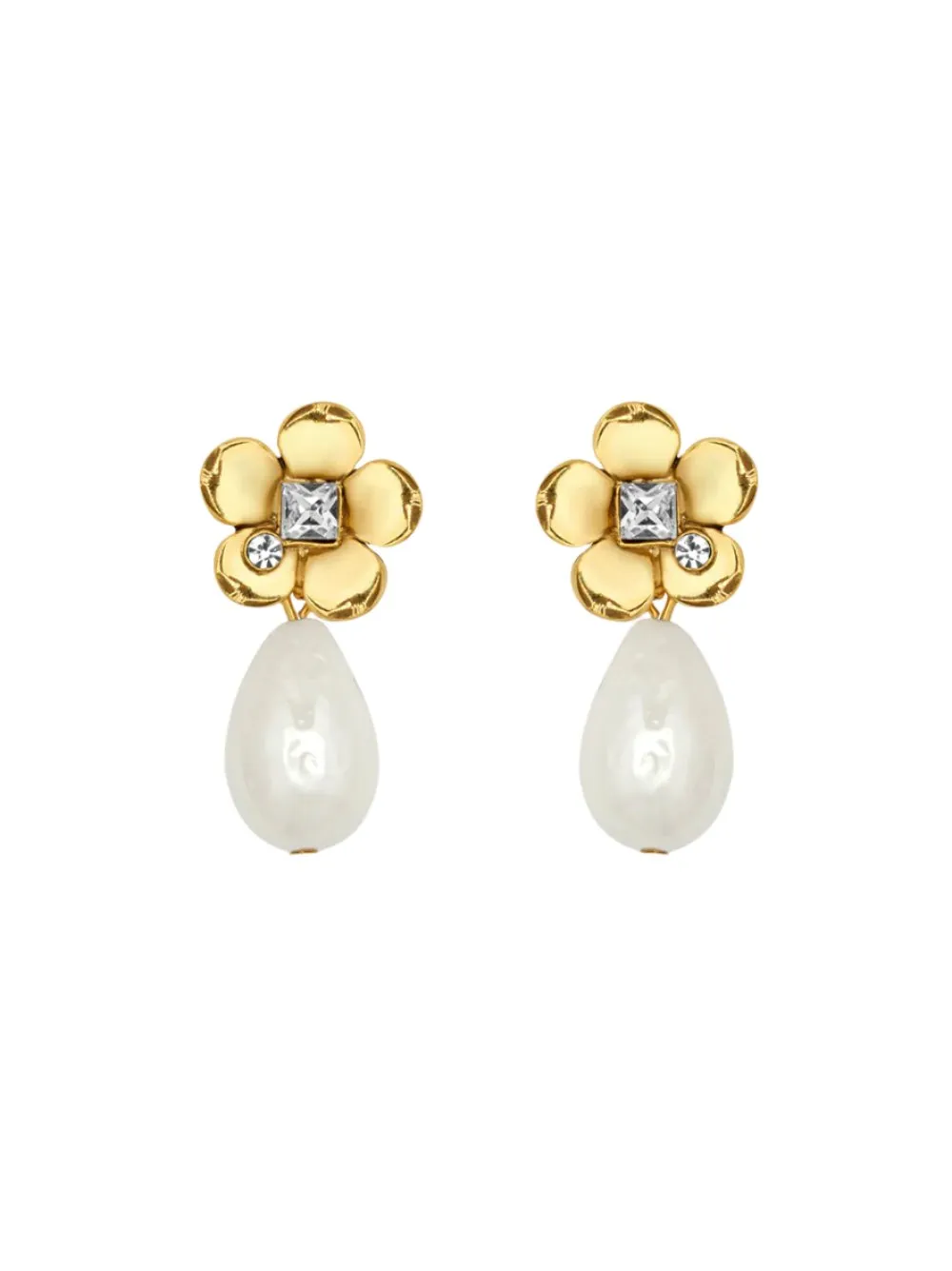 Oscar de la Renta Gold Flower/Pearl Drop Earrings