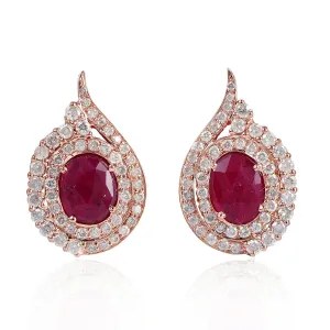Oval Cut Ruby Precious Gemstone Pave Diamond Stud In 18K Rose Gold