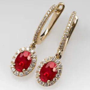 Oval Ruby & Round Natural Earth Mined Diamond 9.50 Carats Dangle Earrings Yellow Gold 14K