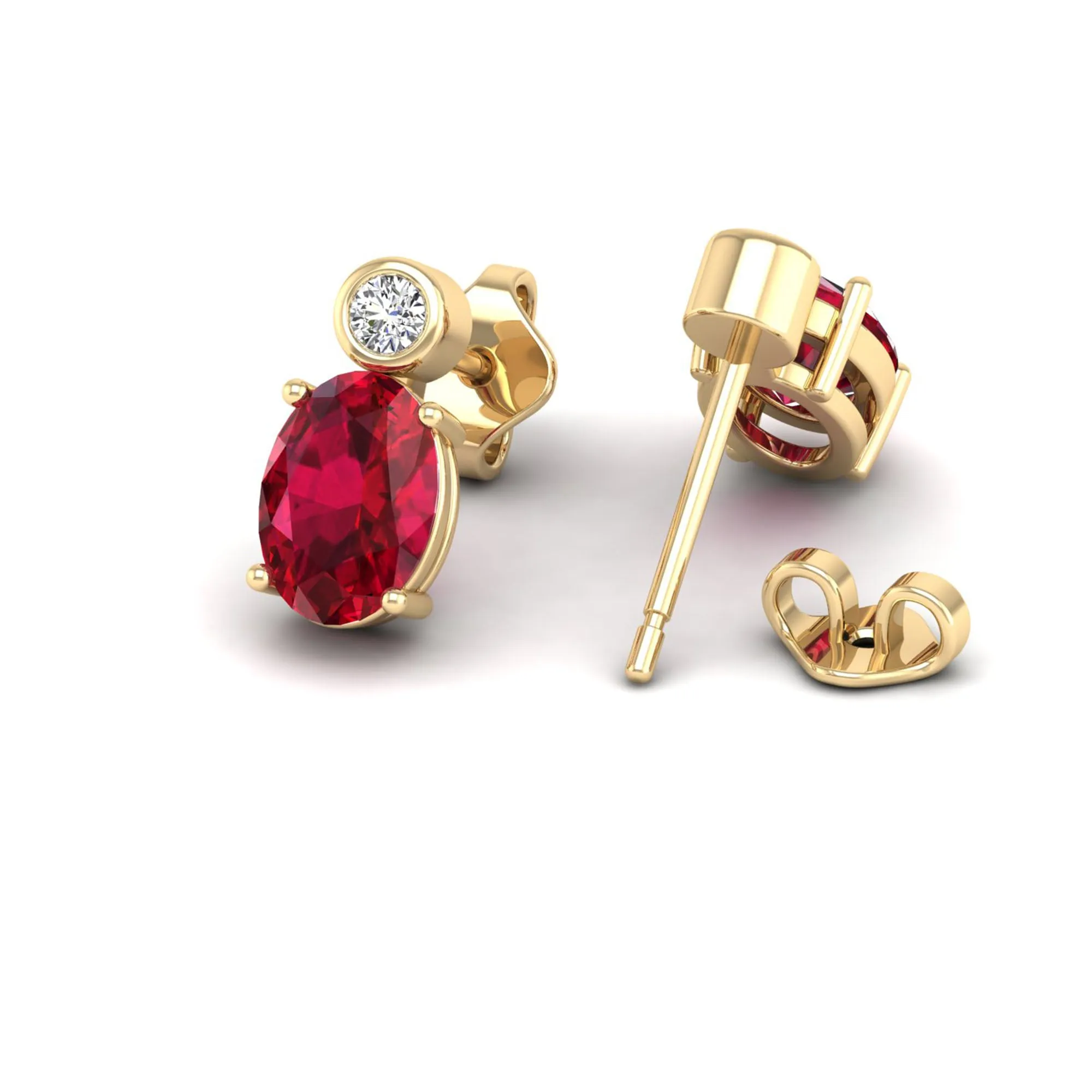 Oval Ruby and Bezel-Set Diamond Studs Earrings