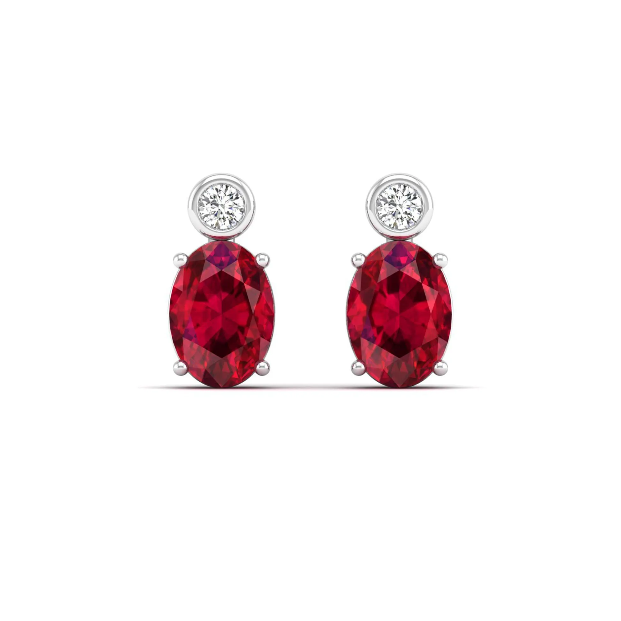 Oval Ruby and Bezel-Set Diamond Studs Earrings
