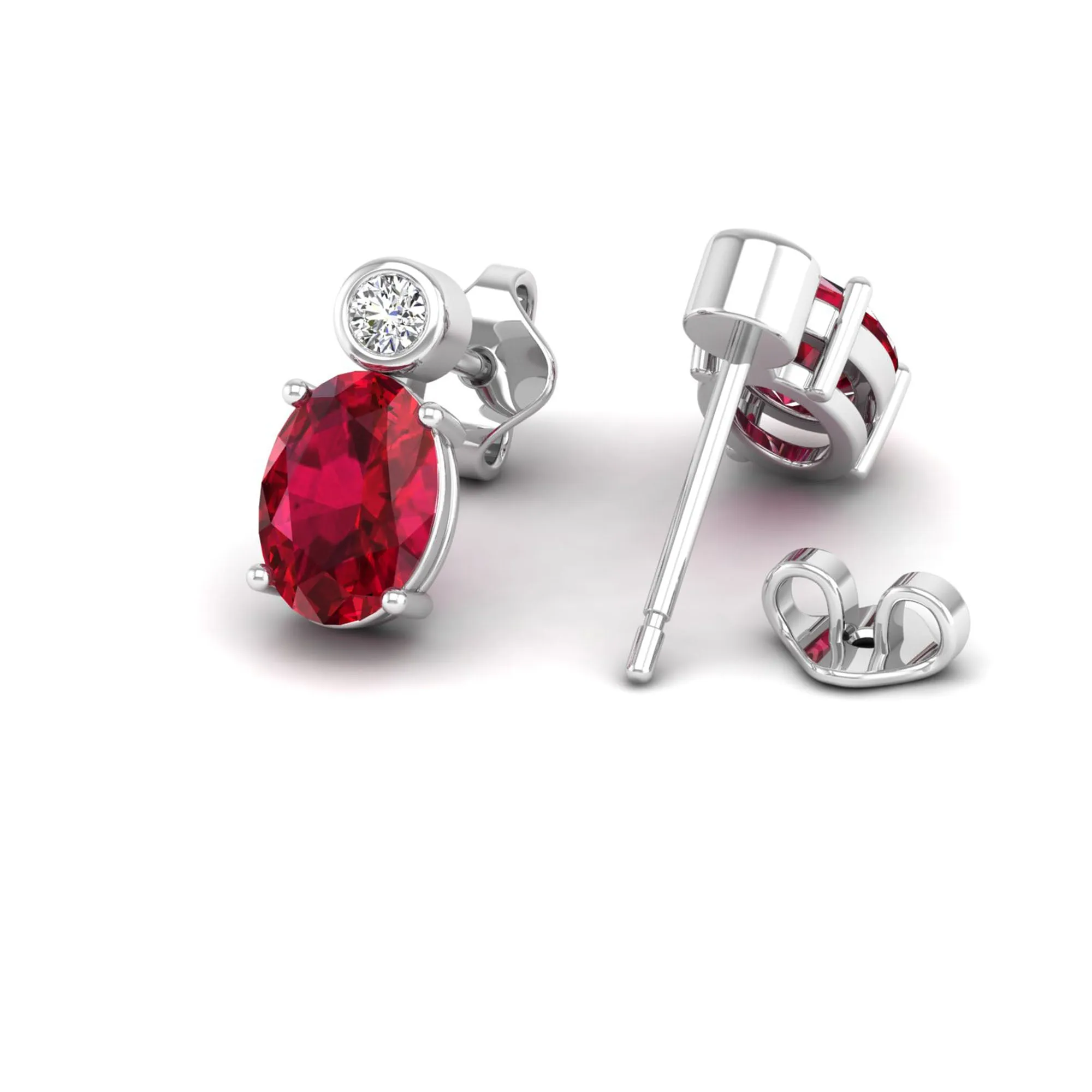 Oval Ruby and Bezel-Set Diamond Studs Earrings