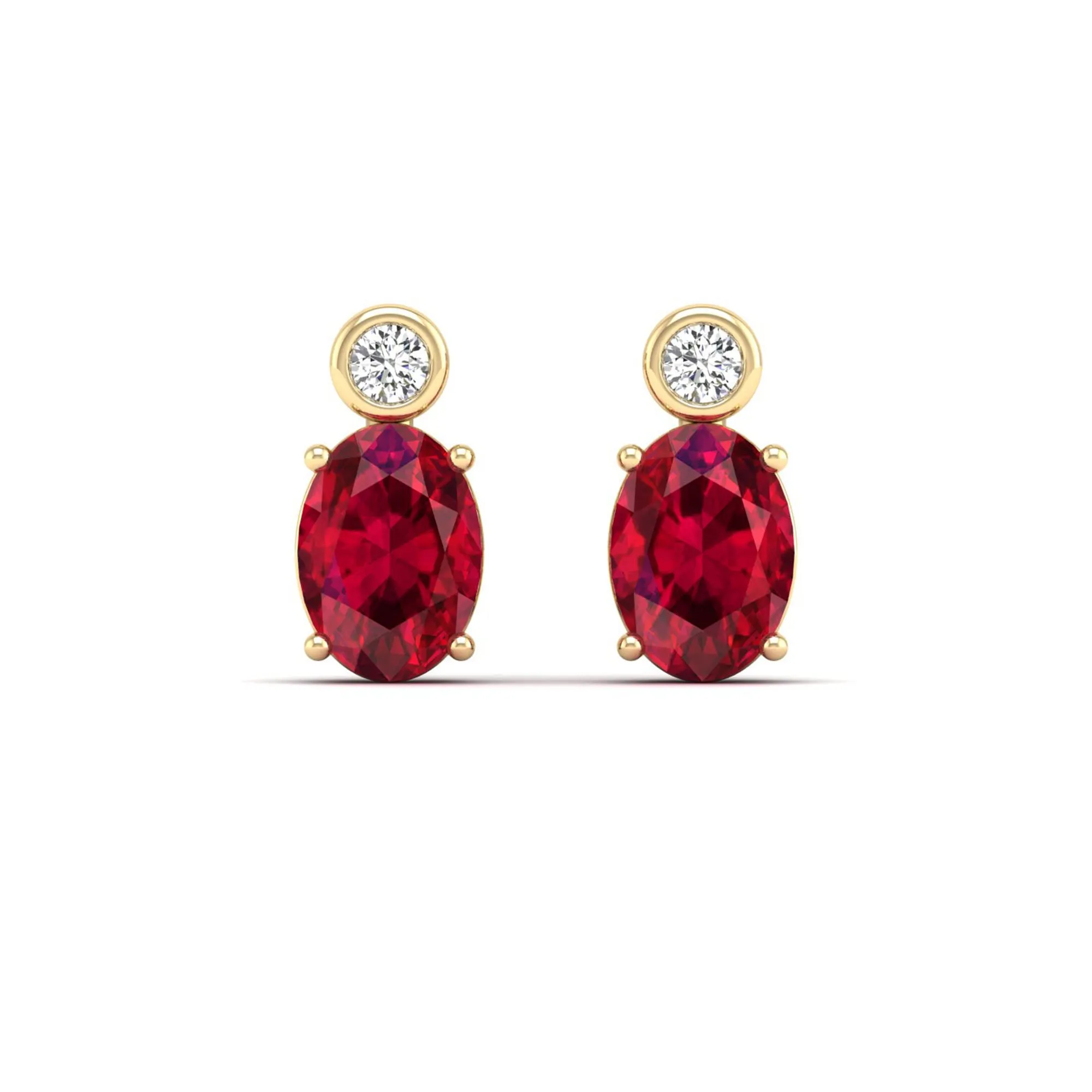 Oval Ruby and Bezel-Set Diamond Studs Earrings