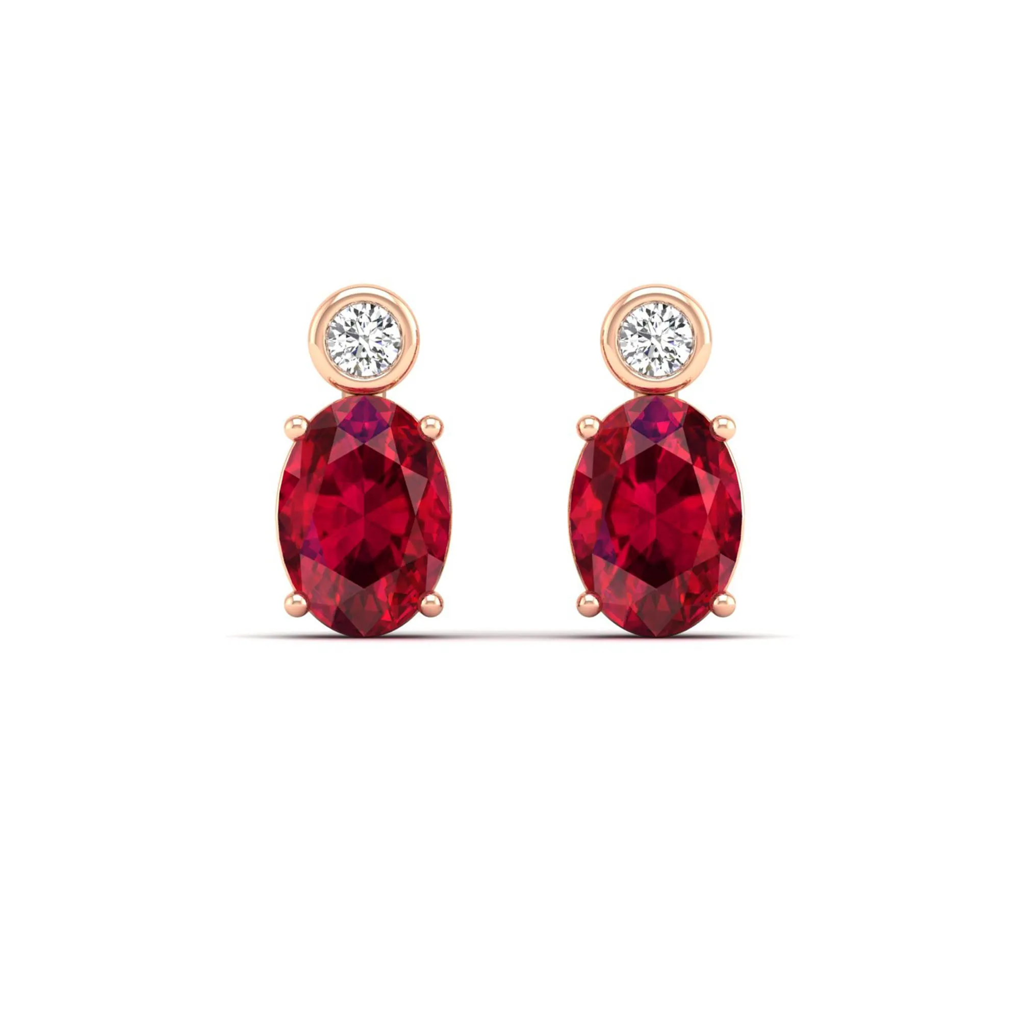Oval Ruby and Bezel-Set Diamond Studs Earrings