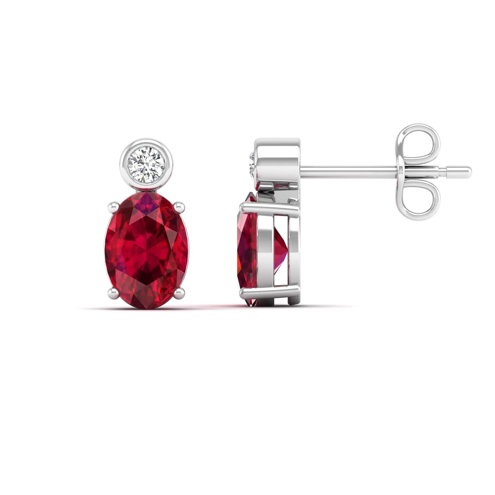Oval Ruby and Bezel-Set Diamond Studs Earrings