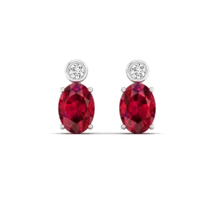 Oval Ruby and Bezel-Set Diamond Studs Earrings