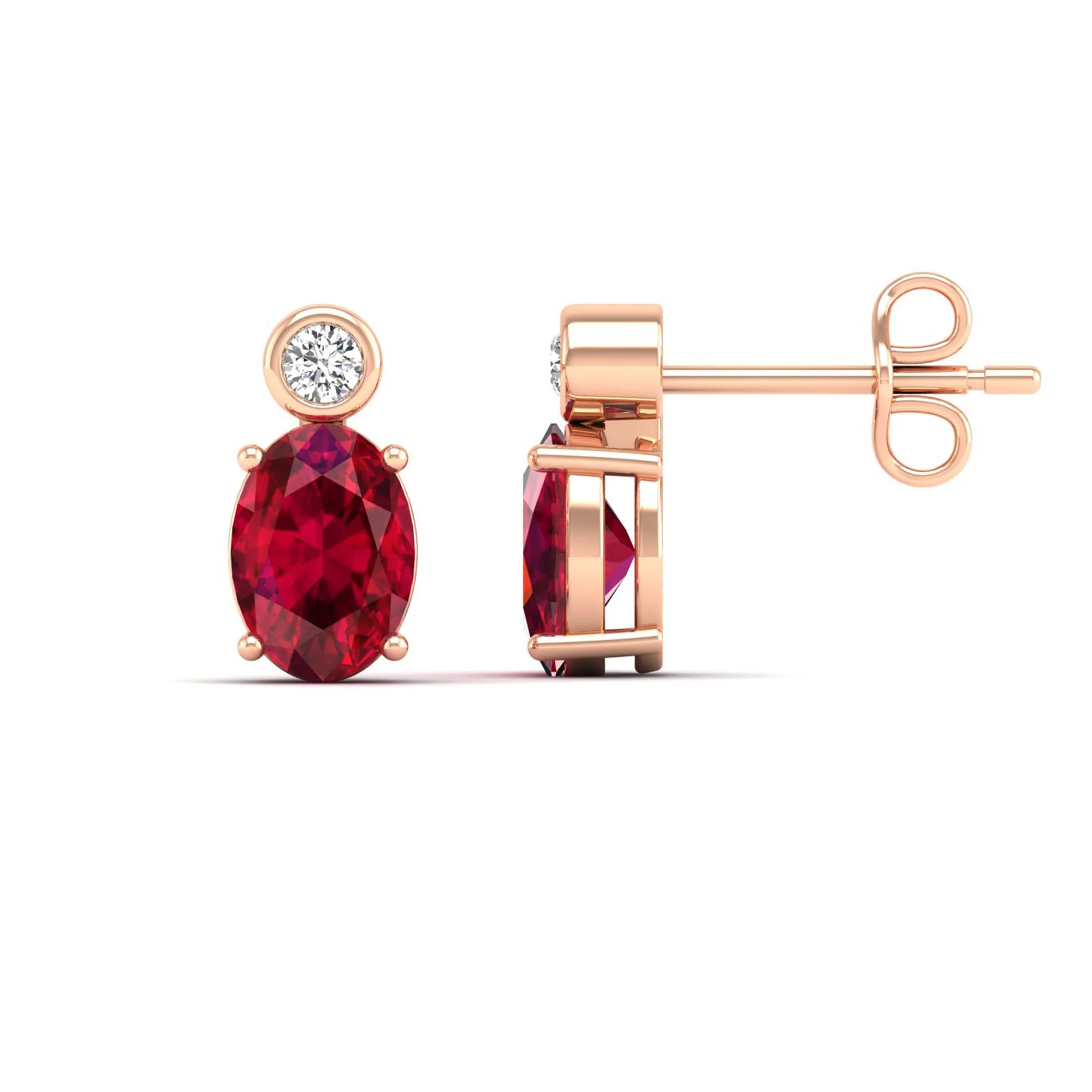 Oval Ruby and Bezel-Set Diamond Studs Earrings
