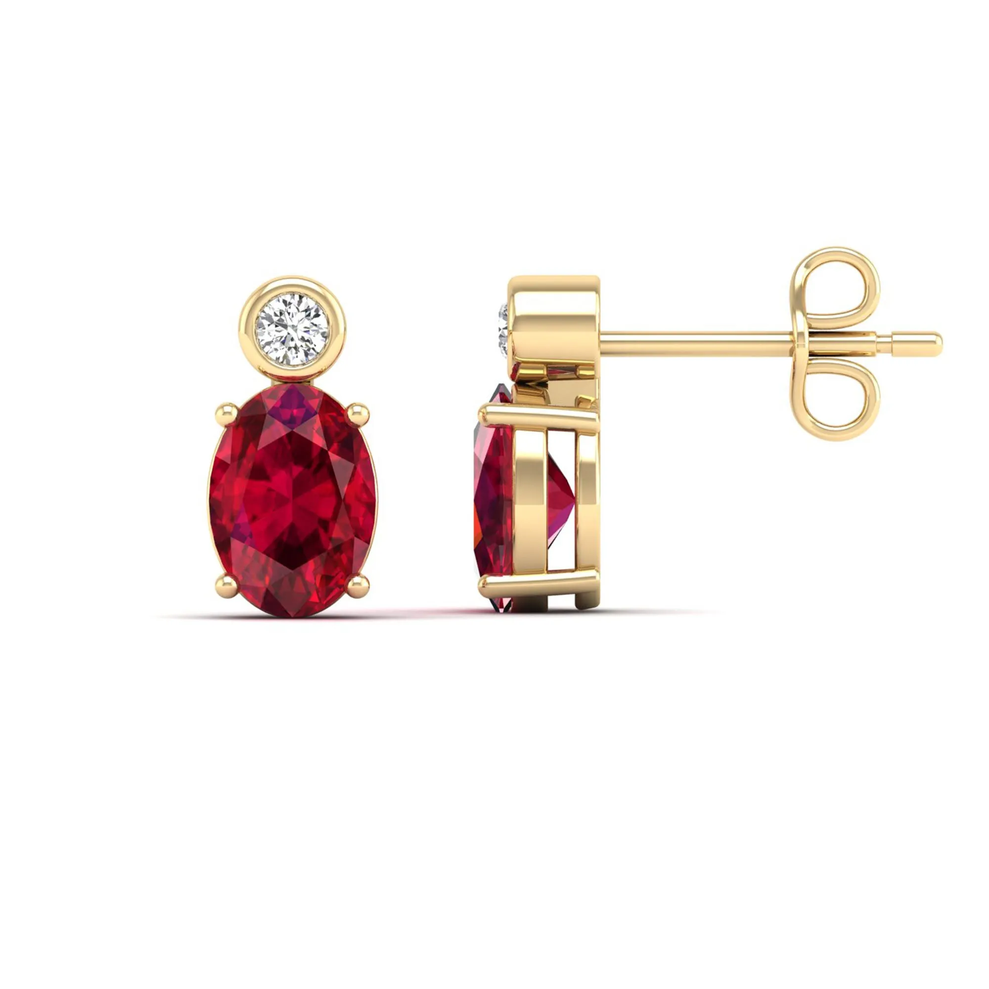 Oval Ruby and Bezel-Set Diamond Studs Earrings