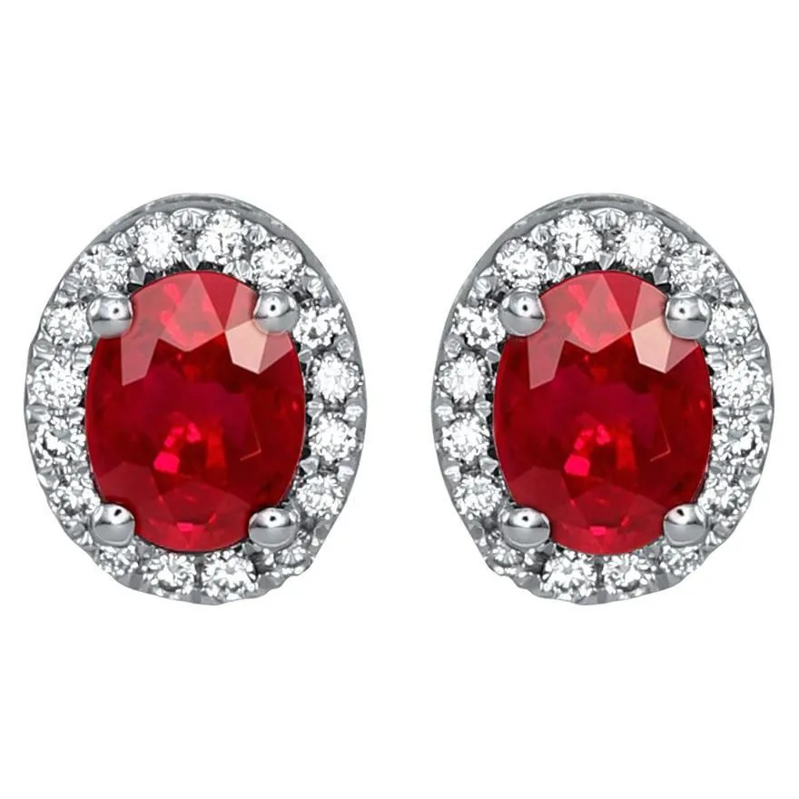 Oval Ruby And Natural Earth Mined Diamonds 6 Carats Lady Studs Earrings 14K Gold