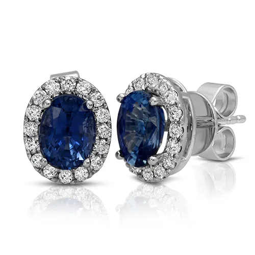 Oval Sapphire Gemstone Stud Earrings with Round Diamonds on a 14k White Gold Halo Setting