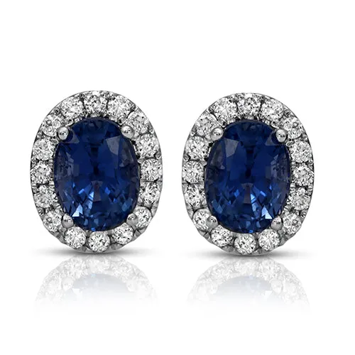 Oval Sapphire Gemstone Stud Earrings with Round Diamonds on a 14k White Gold Halo Setting