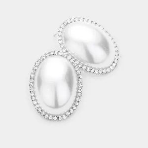 Oval White Pearl Rhinestone Accented Bridal Earrings | Wedding Jewelry | 472130