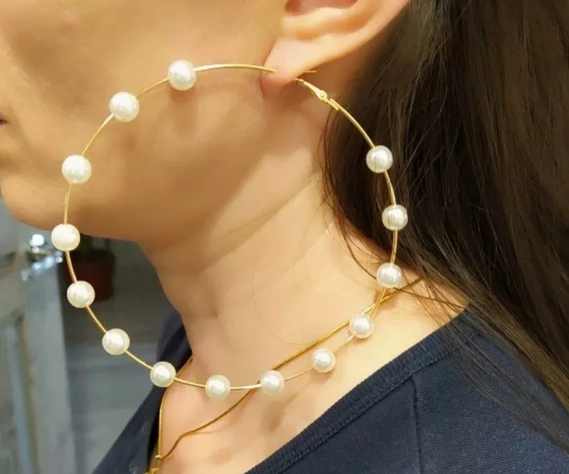 oversized pearl hoop earring , pearl hoop earring , big hoop earring , hoop earring