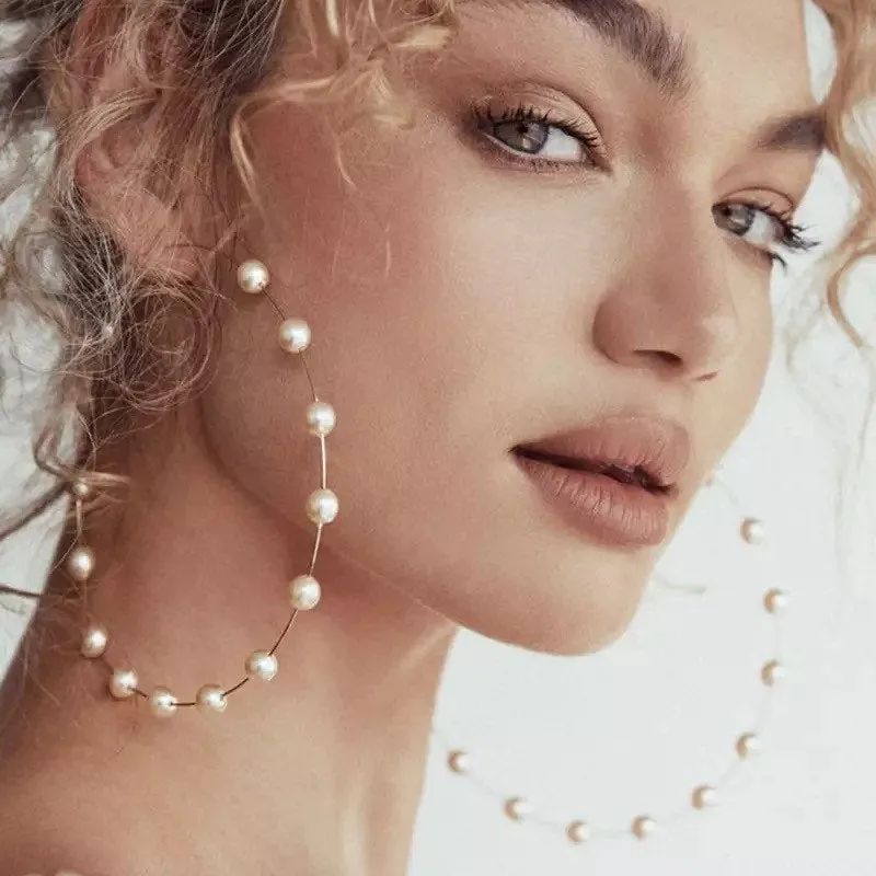 oversized pearl hoop earring , pearl hoop earring , big hoop earring , hoop earring