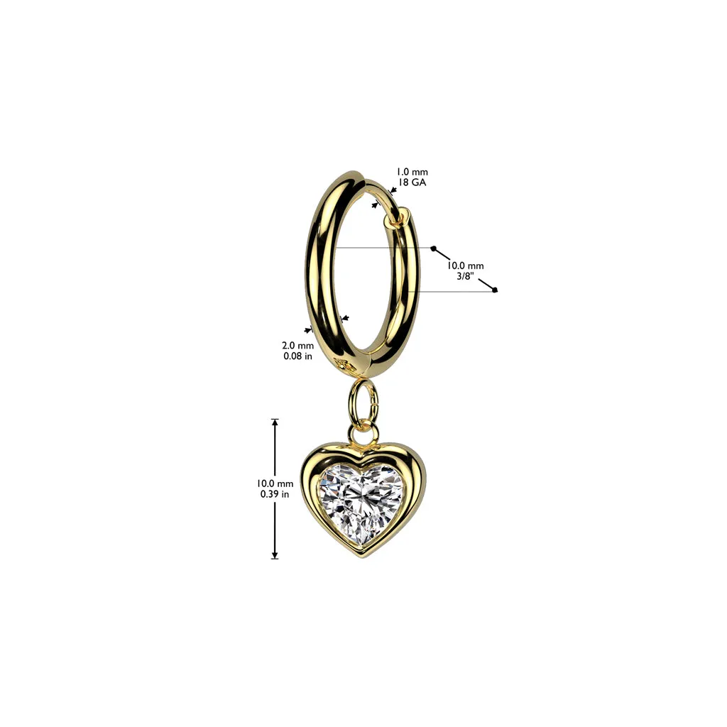 Pair of 316L Surgical Steel Gold PVD White CZ Heart Shaped Gem Dangle Hoop Earrings