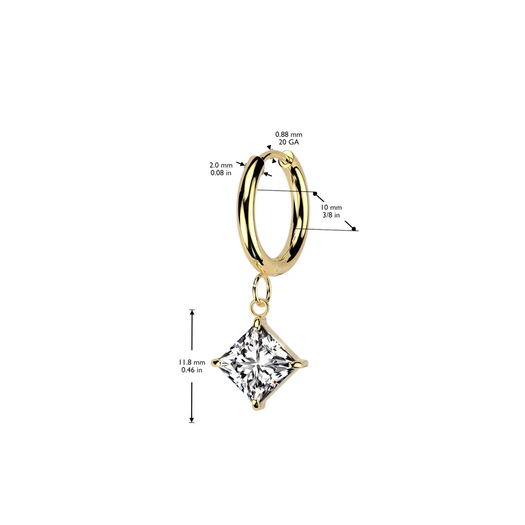 Pair of 316L Surgical Steel White CZ Square Gem Dangle Hoop Earrings
