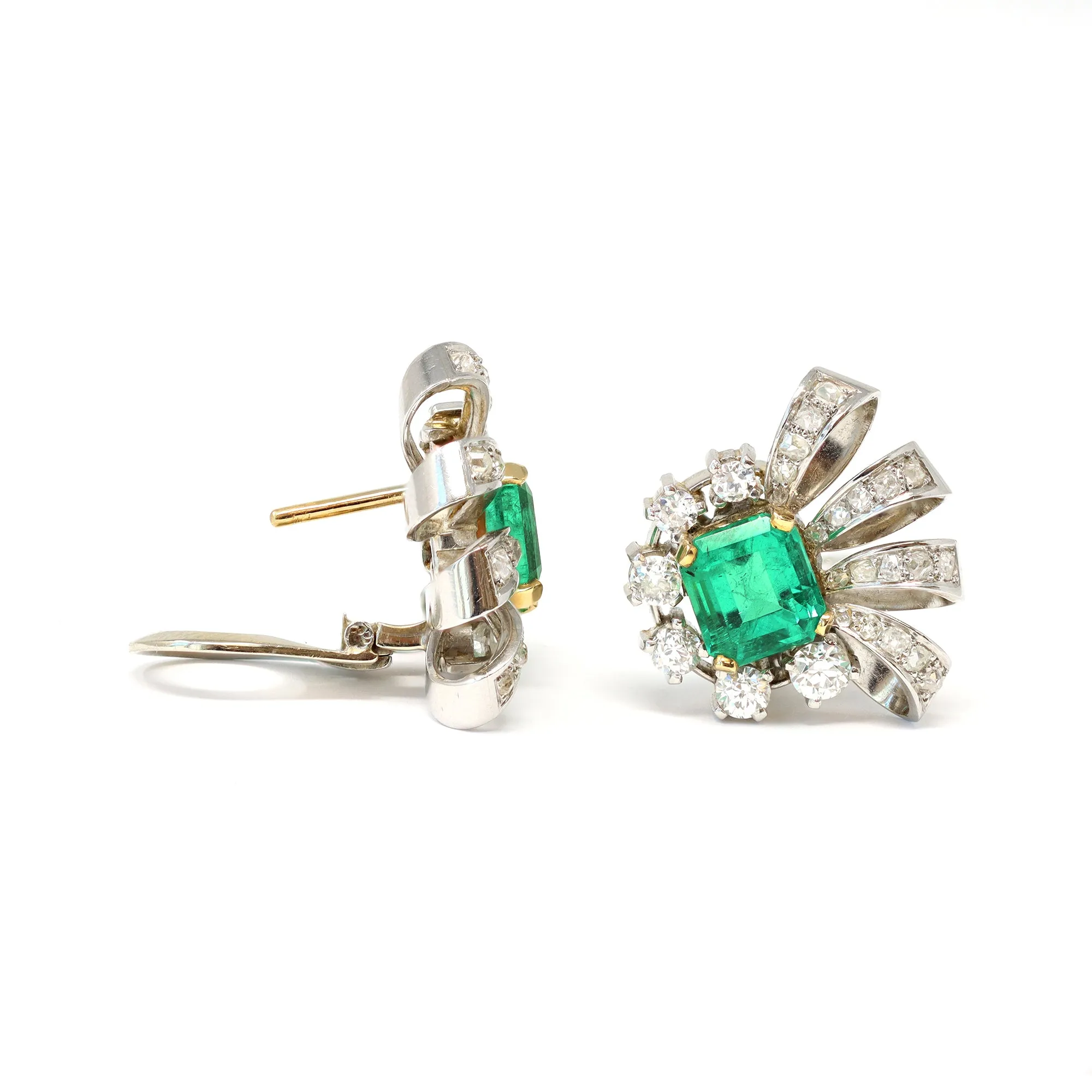 Pair of Emerald and Diamond Clip on Earrings in Platinum, Circa 1940