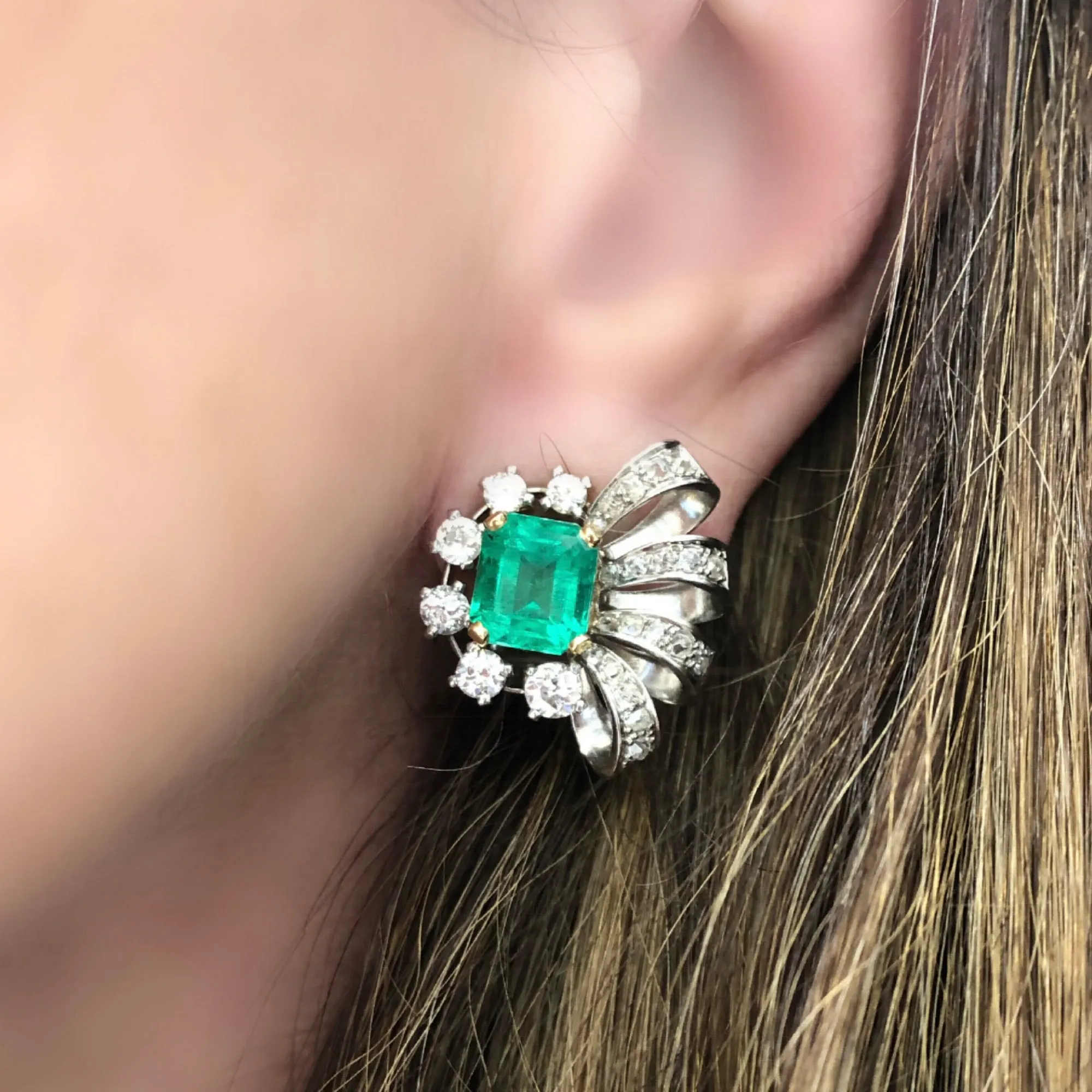 Pair of Emerald and Diamond Clip on Earrings in Platinum, Circa 1940