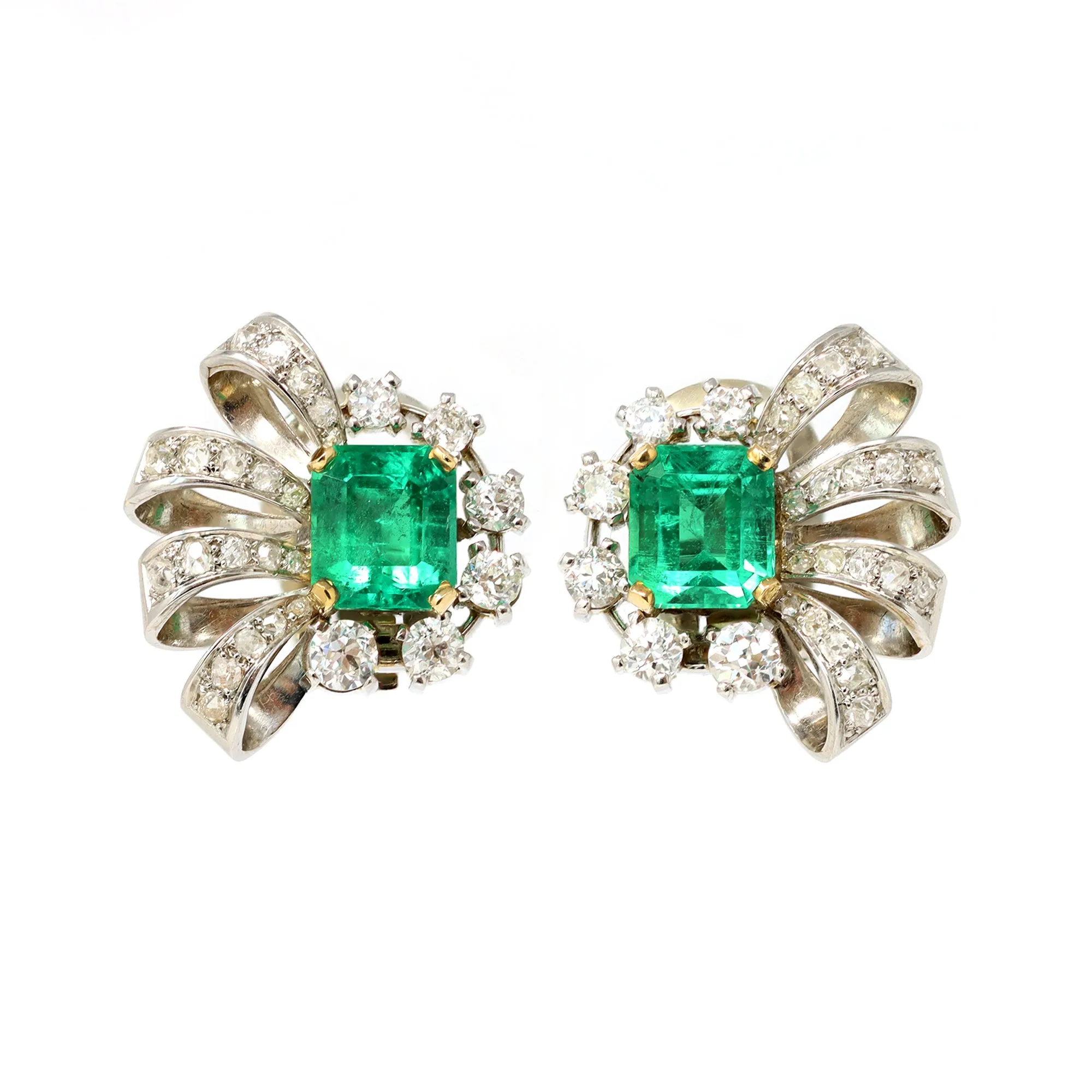Pair of Emerald and Diamond Clip on Earrings in Platinum, Circa 1940