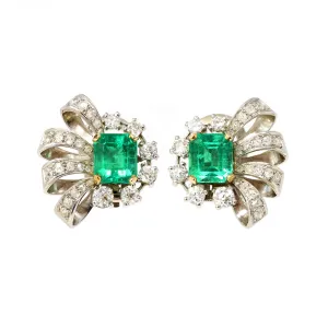 Pair of Emerald and Diamond Clip on Earrings in Platinum, Circa 1940