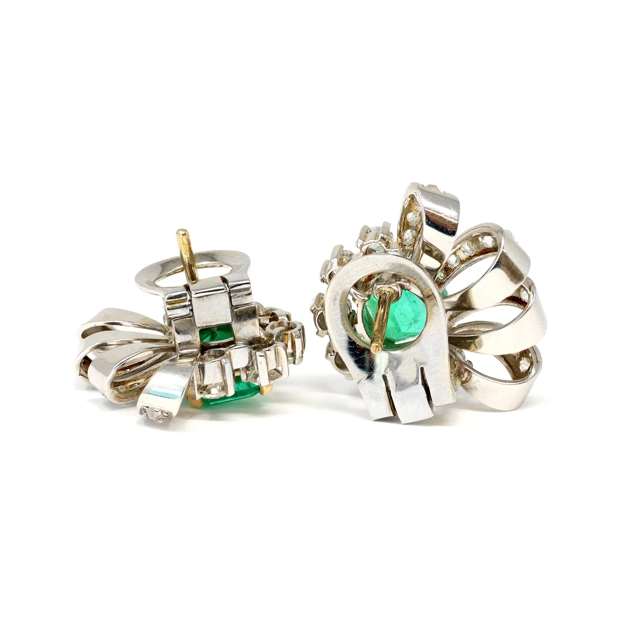 Pair of Emerald and Diamond Clip on Earrings in Platinum, Circa 1940