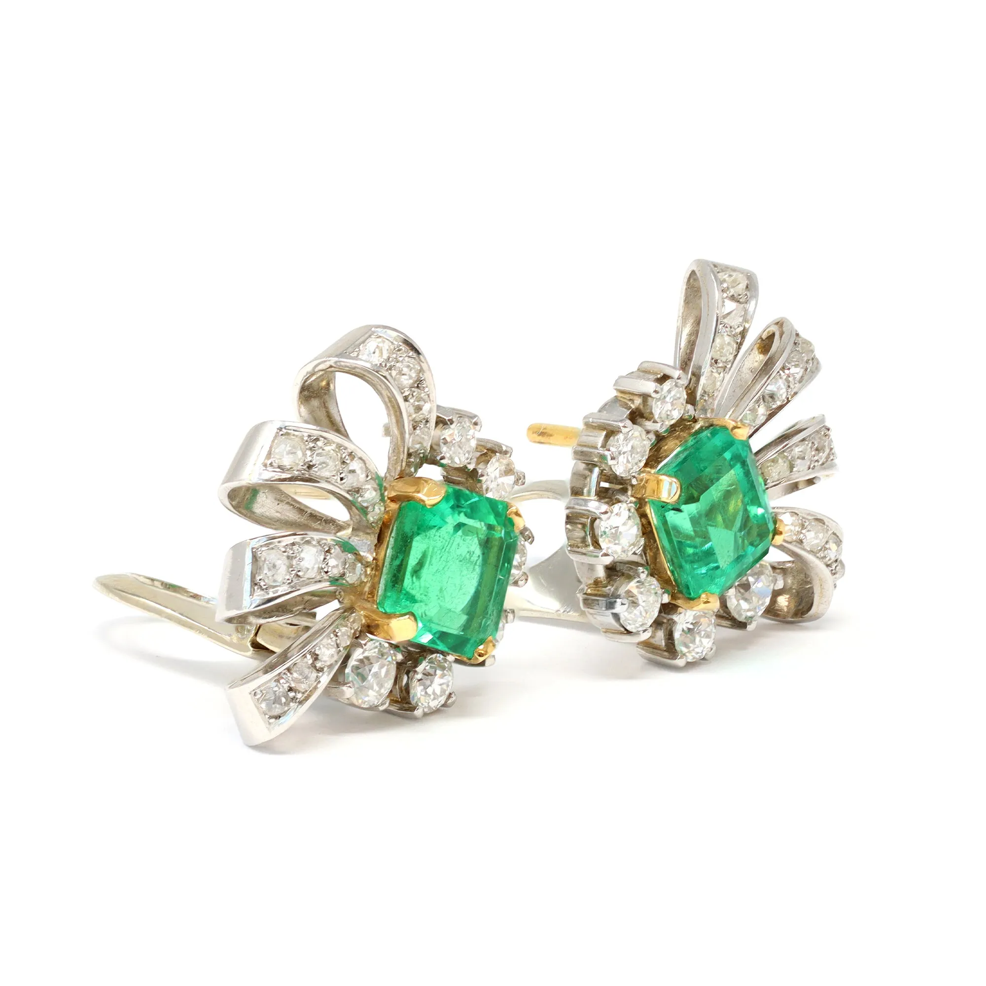 Pair of Emerald and Diamond Clip on Earrings in Platinum, Circa 1940