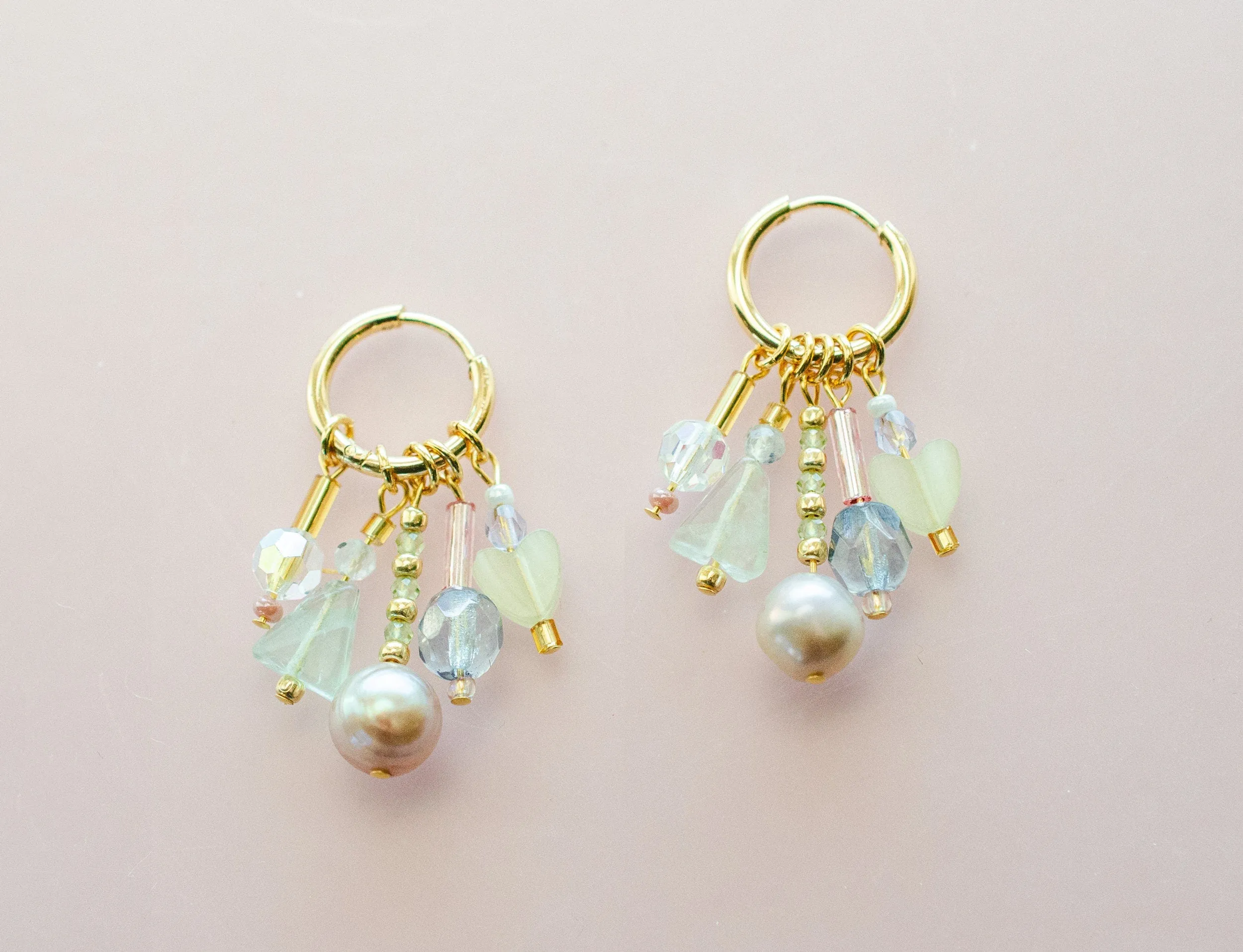 Pastel dangle earrings, Beaded charm earrings, Pearl hoop earrings, dangle huggie hoops, statement earrings, gemstone earrings, Pearl dangle