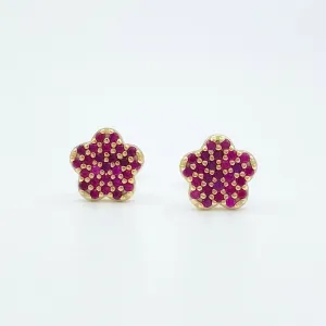 Pave Flower Screwback Studs - Ruby/Gold