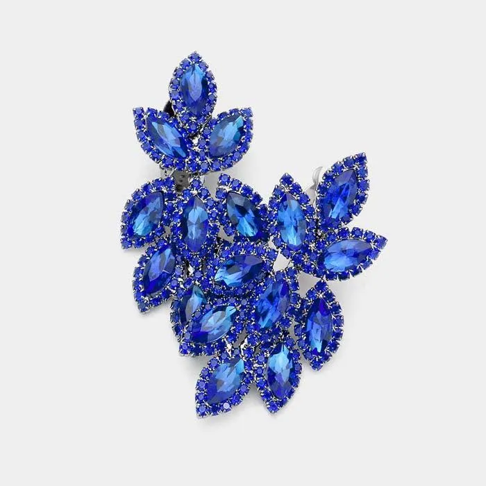 Pave Trim Blue Crystal Oval Clustered Clip On Earrings