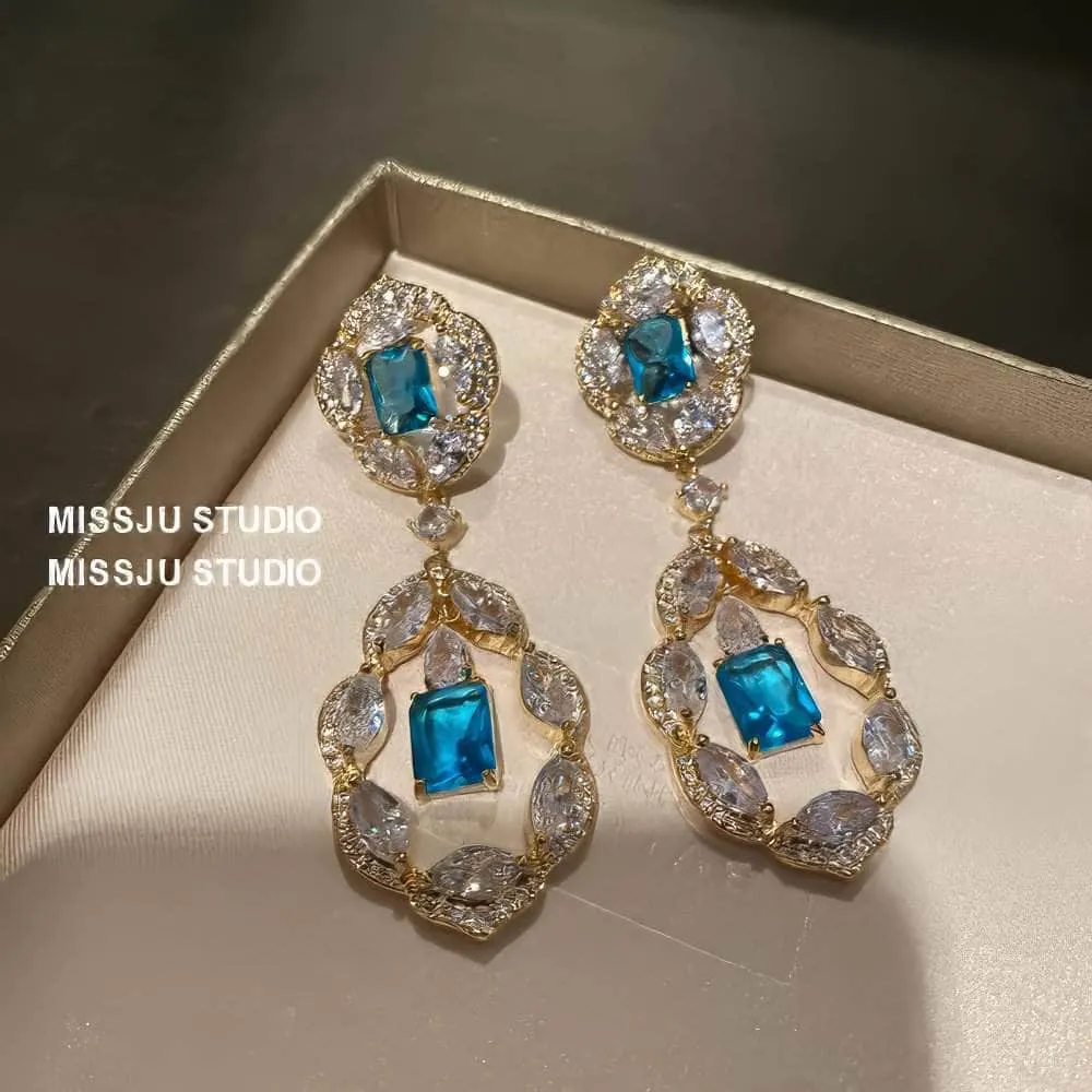 Paved Crystal Rhinestone Floral Deco Dangle Earrings