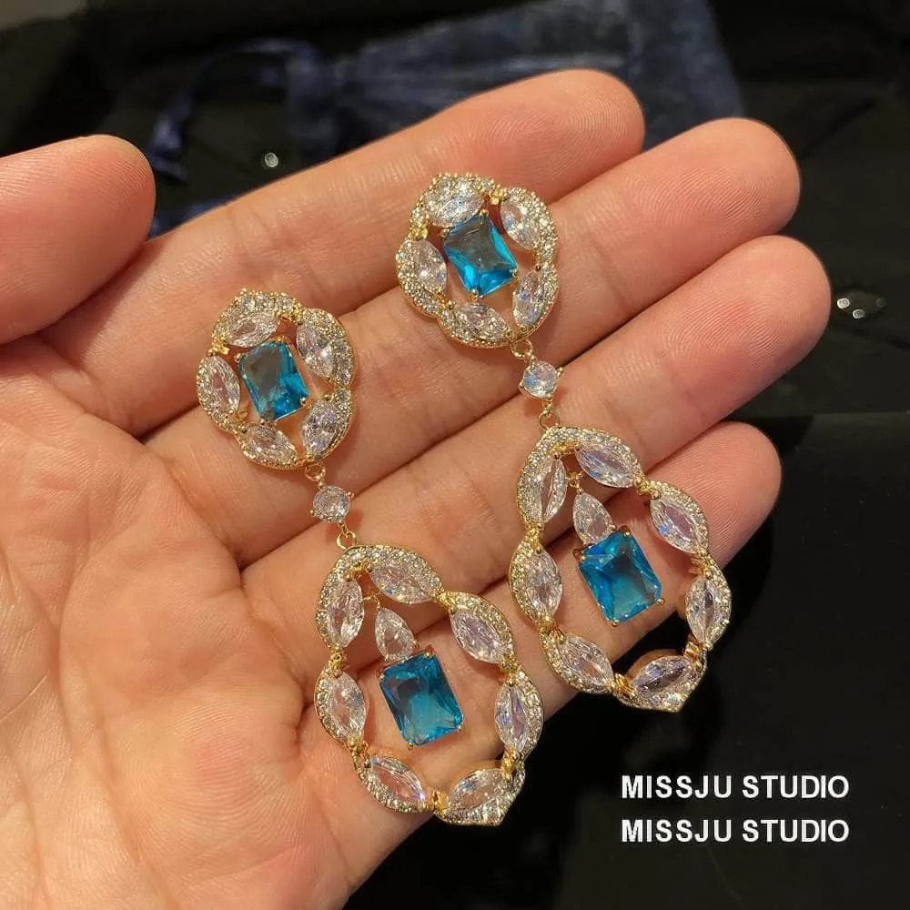 Paved Crystal Rhinestone Floral Deco Dangle Earrings