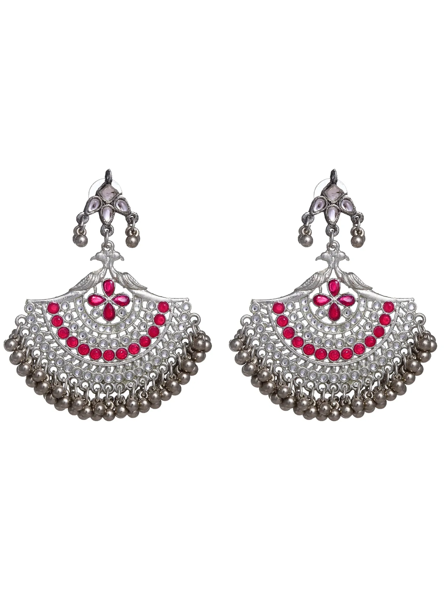 Peacock Shaped Oxidised Silver Ruby Red Kundan Chandbali Earrings
